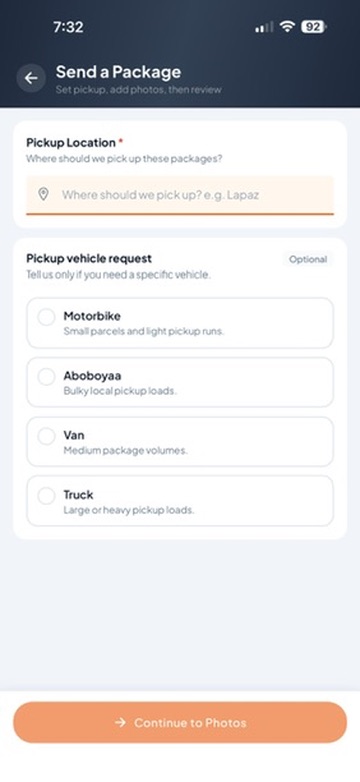 Parcelman mobile app send package screen